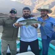 Happy anglers with bass catch Lake Aguamilpa