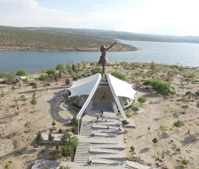 Amazing areal view of Lake Cristo Roto and Statue